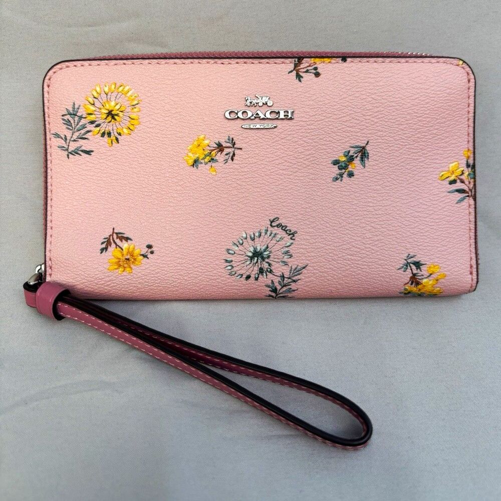 Coach Pink Floral Zip-Around Wristlet Wallet w/ Wrist Strap, Card Slots